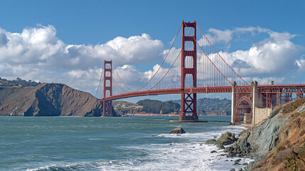 Golden gate bridge view from coastline with waves and cloudy sky in san francisco bay area
