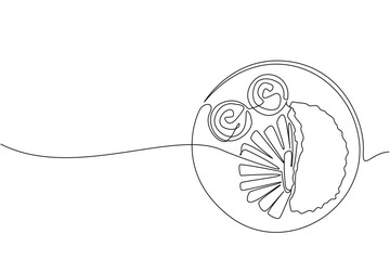 One line drawing of fish and chips served on a round plate with sauces and lemon slice, celebrating National Fish and Chip Day as a delicious representation of traditional British food.
