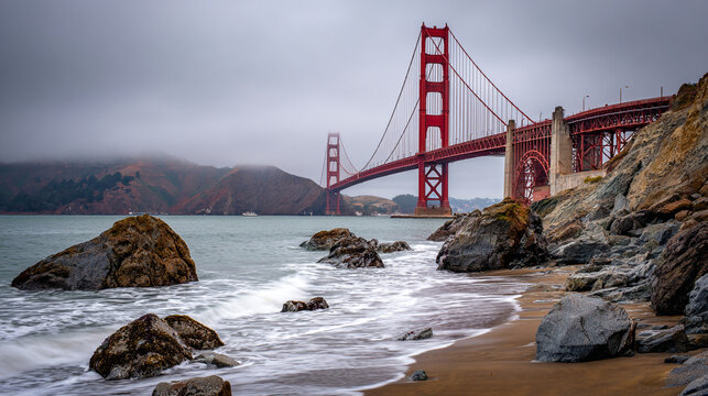 Golden gate bridge view from the beach with rocks and waves on a cloudy day in san francisco