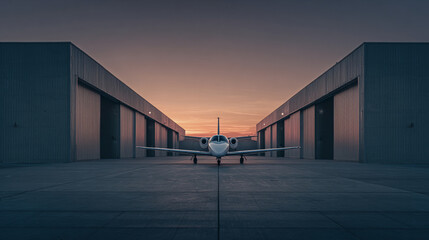 A private jet parked on the tarmac between two hangars at sunset with a colorful sky above