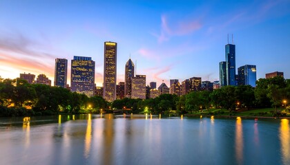 Fototapeta premium Chicago skyline at twilight reflecting on a pond