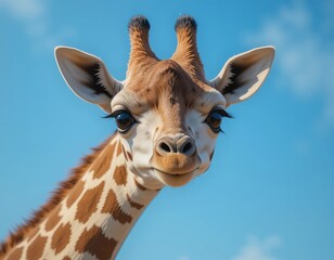 Obraz premium Gentle giraffe with curious eyes looks out under a clear blue sky.