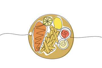 A continuous line drawing of a plate featuring fish, chips, and bread roll, representing classic British cuisine celebrated on National Fish and Chip Day as a cultural food concept.