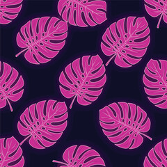 Seamless pattern of vibrant pink monstera leaves on a dark background design, seamless pattern, Stock royalty image.