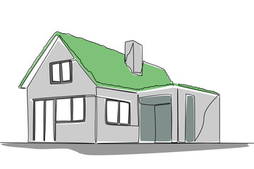 Continuous line drawing of a modern home featuring a stylish green roof, reflecting innovation, sustainability, and eco-friendly building design for World Green Roof Day, industry concept.