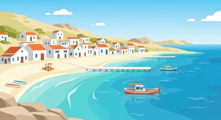 Fototapeta premium Colorful Coastal Village with Boats and Beach Scene in Bright Sunny Weather