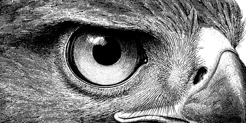 Detailed vintage engraving of an eagle's eye in black and white