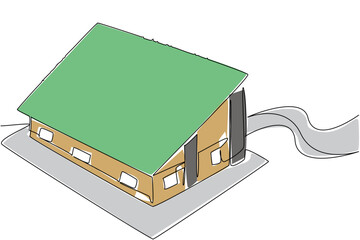 Continuous line drawing of a wide-roof eco house with greenery covering the top, promoting sustainability and eco-friendly lifestyle for World Green Roof Day, nature concept.