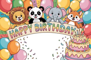 Fototapeta premium Delightful birthday celebration featuring adorable animal characters, colorful balloons, and a delicious cake perfect for kids' parties and joyful events