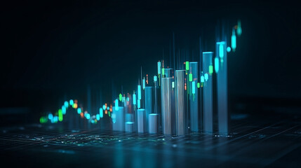 Dynamic financial chart visualization with ascending bars and glowing line