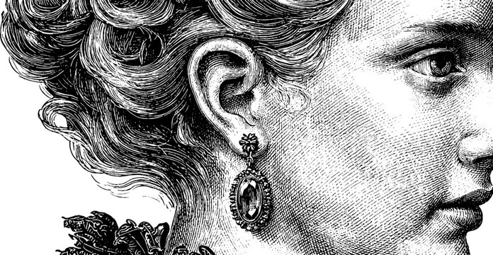 Vintage engraving of woman's earring in classic portrait style