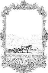 Obraz premium Vintage engraving of farmer with horse and plow in ornate frame