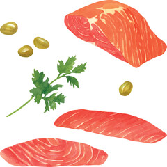 Vector watercolor illustration set of olives, fresh parsley, herbs, salmon, trout, trout fillet, salmon fillet, lightly salted trout, and lightly salted salmon