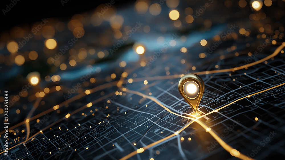 Poster Digital Navigation: A conceptual shot of an abstract map with an illuminated location marker, highlighting global connectivity and digital wayfinding. 