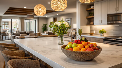 Modern Kitchen Interior: A modern kitchen area with stylish decorations that enhance the space and the food bowl is in the center of the room. it showcase fresh fruits in a bowl.