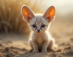Fototapeta premium Adorable fennec fox kit with large ears sits curiously in a sandy desert environment with warm sunlight.