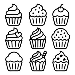 Nine Unique Cupcake Line Art Designs Swirls Sprinkles and Cherries.