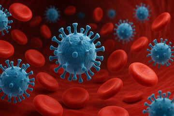 3D medical illustration showing virus particles among floating red blood cells inside human bloodstream concept