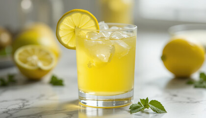 Refreshing Lemonade with Ice and Lemon Slice Garnish