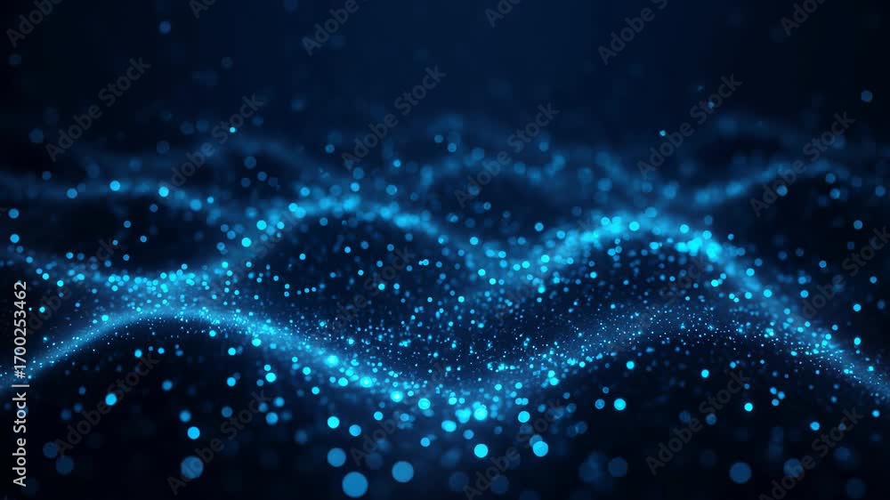 Poster abstract video concept with a low-angle view of glowing blue particles forming wave patterns on a da