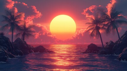 Tropical Sunset Scene, Ocean Rocks, Palm Trees, Dramatic Sky