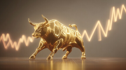 Obraz premium Golden bull statue representing upward financial market trends and optimism