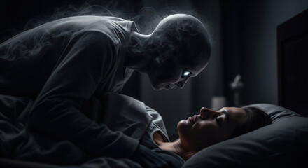 Scary pale ghost spirit about to possess a women while she is sleeping in her bedroom