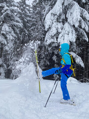 Skier Kicking Up Snow in Winter Forest