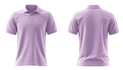 Front and back view of a light lavender polo shirt.  Short sleeves, collared, and button closure.  Plain design