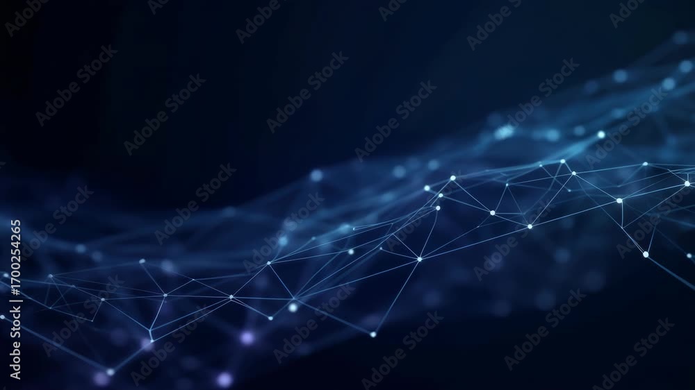 Poster abstract digital network with glowing nodes and lines, viewed from a low angle. ideal for tech-theme