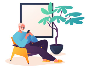 Elderly and stylish looking man sits in armchair at home or at work and holds smartphone in his hands. Concept of technology and absence of obstacles in use of modern gadgets by people of age