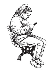 One casual young city woman sitting on street bench and looking at smartphone, realistic sketch, vector outline hand drawing