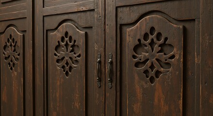 Ornate Dark Wood Double Doors with Intricate Carvings and Vintage Handles