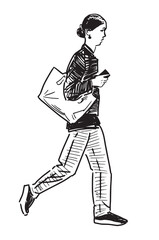 One young modern city girl with smartphone and bag walking outdoors, sketch, realistic hand drawing, vector illustration