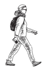 One young modern city girl with smartphone, backpack, scarf, woman, sunglasses striding outdoors, sketch, realistic hand drawing, vector illustration