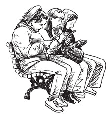 Three casual young city girls sitting on street bench and looking at smartphones, realistic sketch, vector outline hand drawing