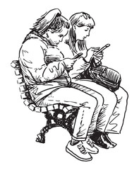 Two casual young city women sitting on street bench and looking at smartphones, realistic sketch, vector outline hand drawing