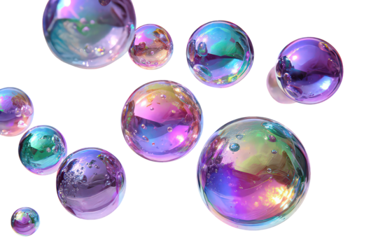 Multicolored iridescent soap bubbles in motion against a black background