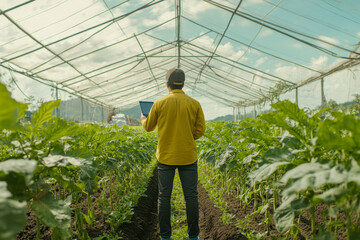 Bright sunlight illuminates a farmer standing among vibrant green crops inside a large protective greenhouse, using a digital tablet for smart agricultural management.