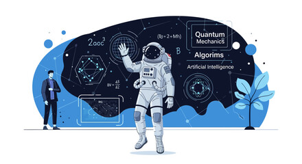 Obraz premium Astronaut explores quantum mechanics, algorithms, and artificial intelligence concepts