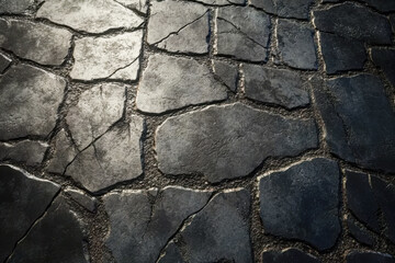 Obraz premium Weathered dark gray stone pavement texture featuring deep cracks and rough uneven surface. Abstract rock pattern creates an old grunge background.