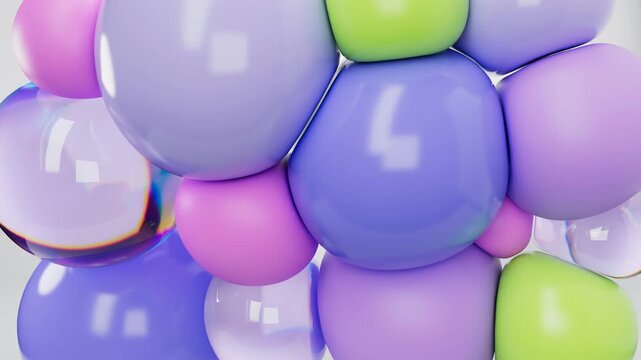 Abstract render motion design wallpaper with 3D pink and purple soft balls inflating on a white. Spheres modern animation