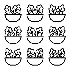 Nine Bowls of Salad with Lettuce Tomatoes and Cucumbers in Black Outline.
