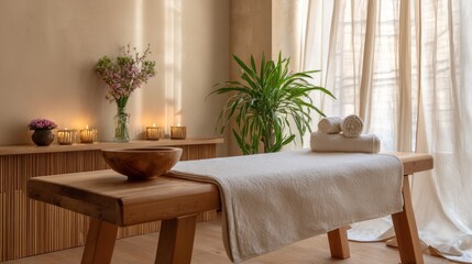 Warm-lit spa room with massage table, candles, plants, and soft, flowing curtains