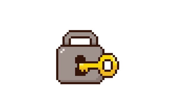8-bit pixel art lock unlocked with golden key looped animation 4k 30fps