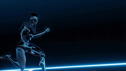 Female humanoid robot sprinting across glowing blue track, embodying high tech athletic performance within sleek digital landscape - Powered by Adobe