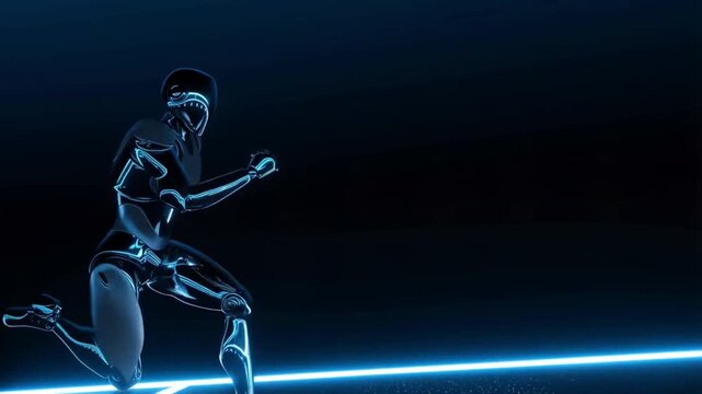 Female humanoid robot sprinting across glowing blue track, embodying high tech athletic performance within sleek digital landscape