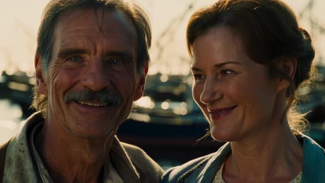 Sam Neill and Miranda Otto standing close together, sharing intimate connection at scenic harbor during golden sunset, radiating warmth and shared happiness