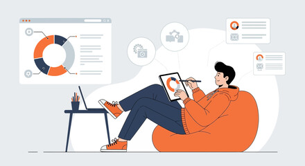 Relaxed professional analyzing data insights with a digital tablet in a modern workspace