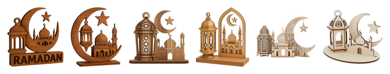 Obraz premium Wooden Ramadan decoration set including lanterns, mosques, crescents, and stars isolated. Festive Islamic holiday collection.